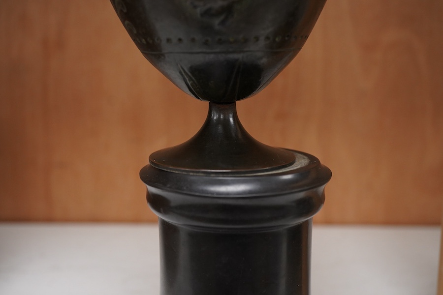 A 19th century French bronze twin handled vase signed Augur, cast with crayfish on black slate plinth, 22cm